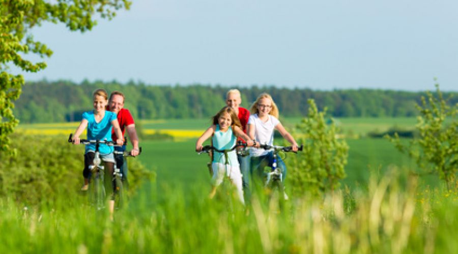 Family cycling outdoors in summer